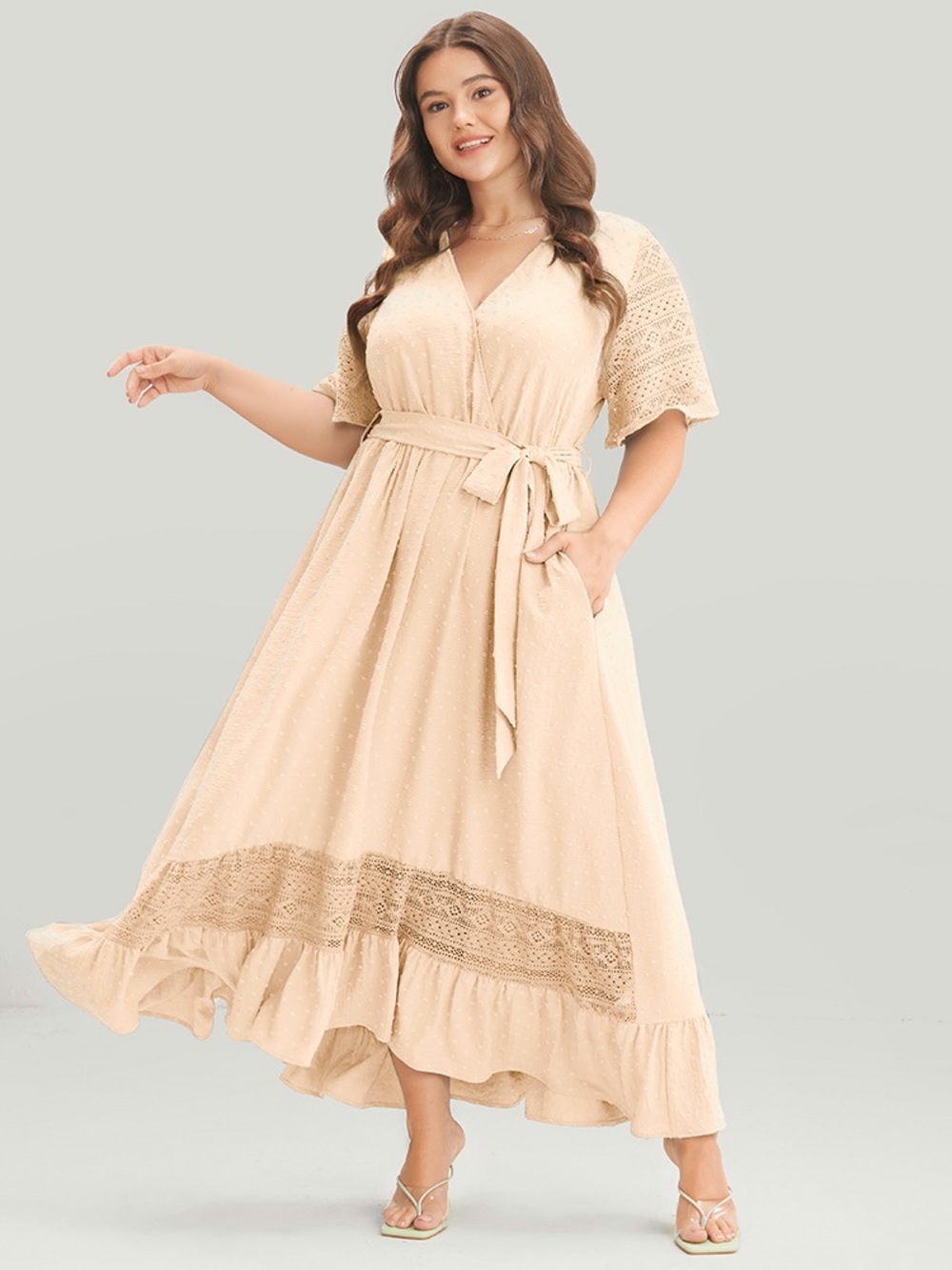 BloomChic L 14/16 Cream Lace-Trim Maxi Wrap Dress
